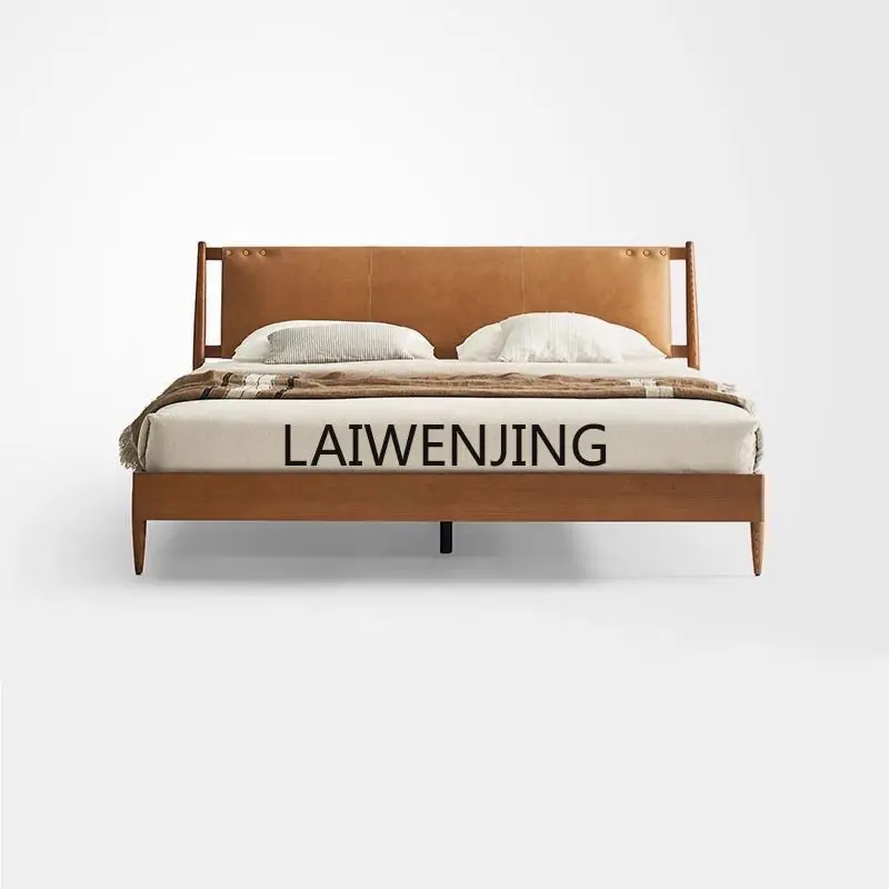 

HLZ Nordic retro solid wood first-layer cowhide bed master bedroom with soft bag double bed modern simplicity