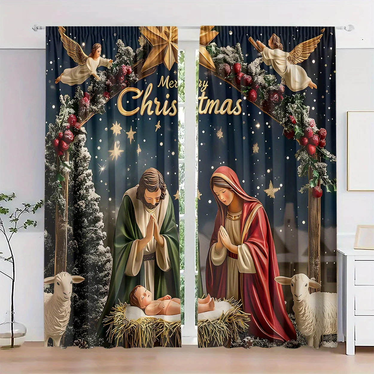 2pcs HD Digital Print Christmas Curtains, Light Filtering Rod Pocket Design for Bedroom Living Room Holiday Decor