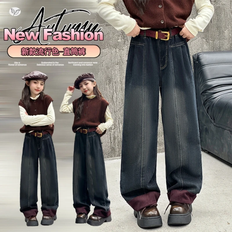 

Girls' Patchwork Denim Pants, 2025 Autumn/Winter New Arrivals, Wide Hem Color-Blocked Straight-leg Pants, Winter Long Pants