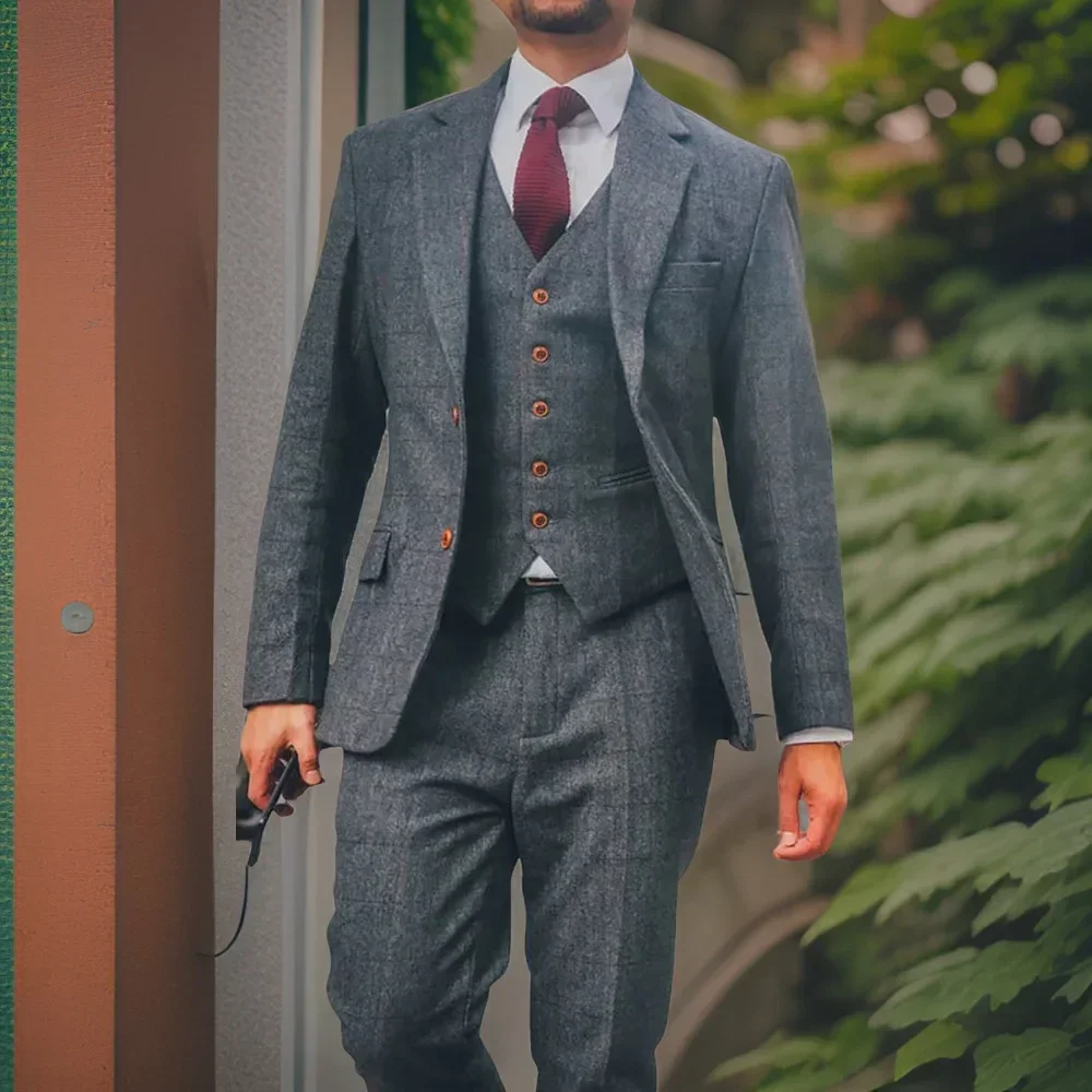 

Wool Tweed Formal Men Suits for Retro Prom Gentleman 3 Pieces Herringbone Business Suits Jacket Vest Pants Groom Wedding Tuxedo