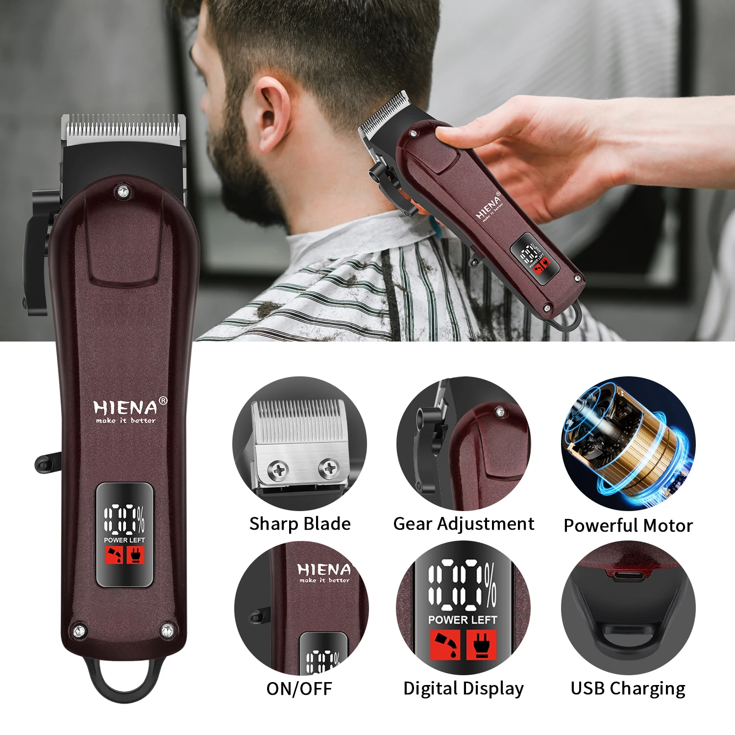 Alat Cukur Rambut Pria USB Isi Ulang, Pemangkas Gaya Rambut Botak, Menciptakan Gaya Rambut Ramping dan Mengkilap