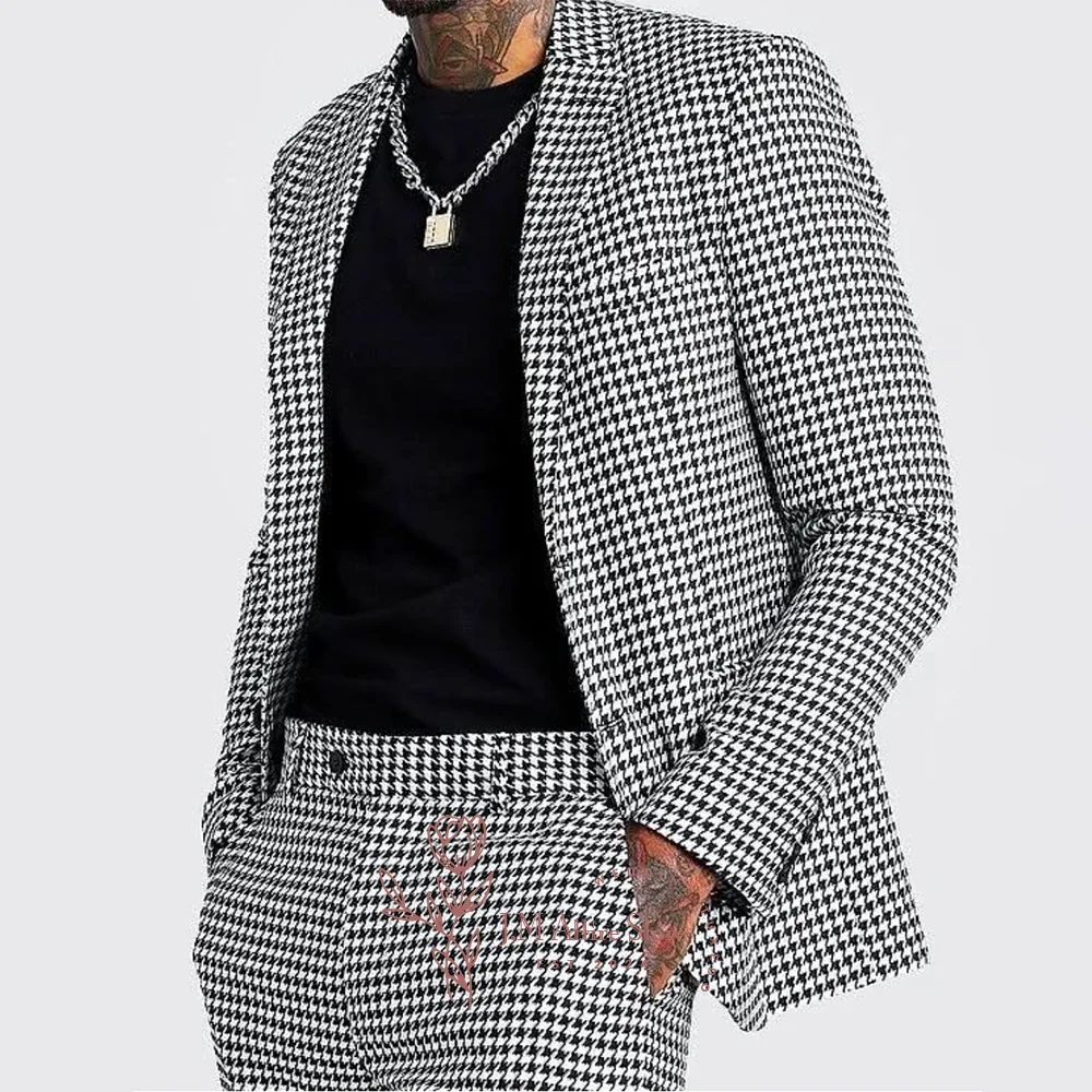 

Men's 2-piece suit in white houndstooth notch lapel single breasted fashion custom tuxedo for daily wedding dance cocktail party