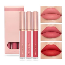 Private Label 12 Colors 3pcs Liquid Lipstick Kit Custom Bulk 2.5ml*3 Matte Non-stick Lipgloss with Pink Box Makeup Lip Plumper