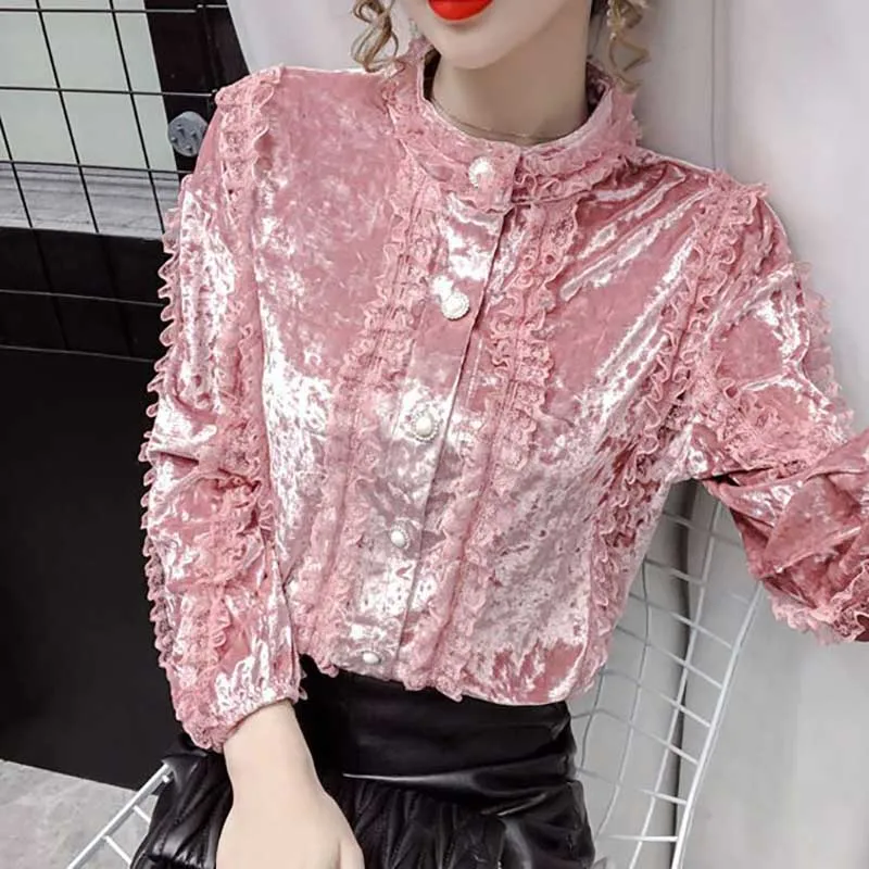 Elegant Stand Collar Button Spliced Lace Ruffles Blouses Women\'s Clothing 2023 Winter Loose Korean Tops Butterfly Sleeve Shirts