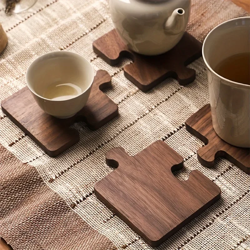 4pcs Wooden Coaster Retro Style Teacup Mats Creative Building Block Shape Cup Mat Desktop Heat Insulation Mats Tea Sets Supplies