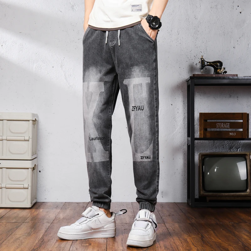 

New Men's 2024 Spring Cotton Denim Pant Casual Loose Elastic Waist Jeans Hip Hop Streetwear Drawstring Trousers Harlan Leggings