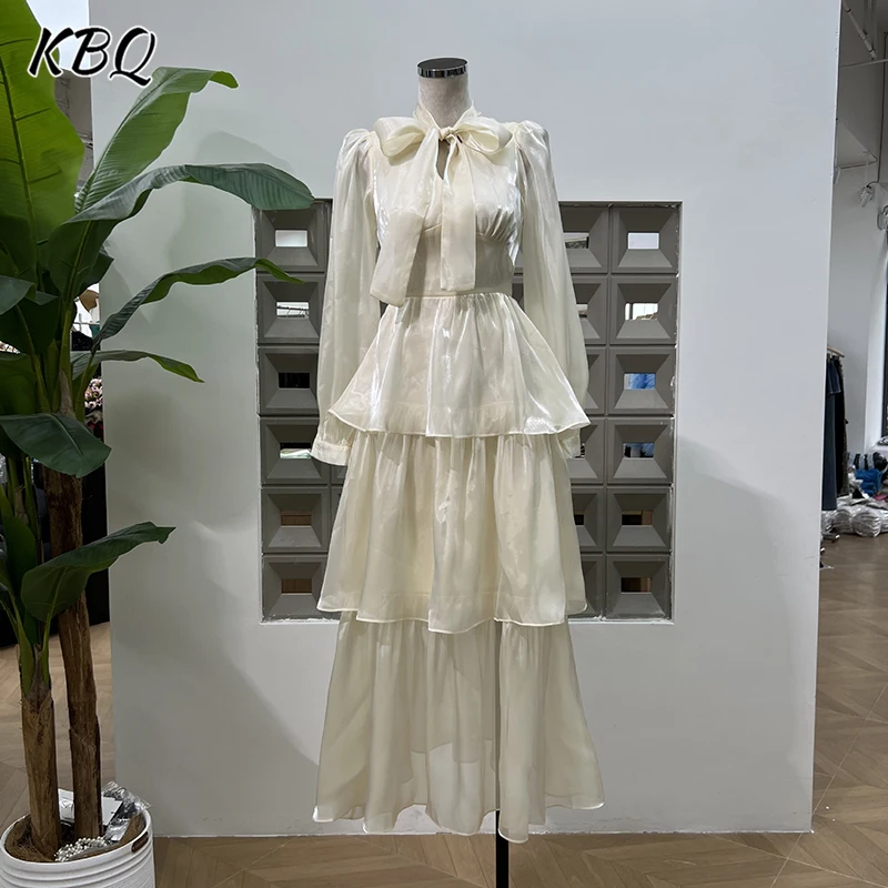 

KBQ Solid Spliced Bowknots Runic Light Gauze Ribbon Dresses for Women Round Neck Long Sleeve High Waist Dresses Female Fashion