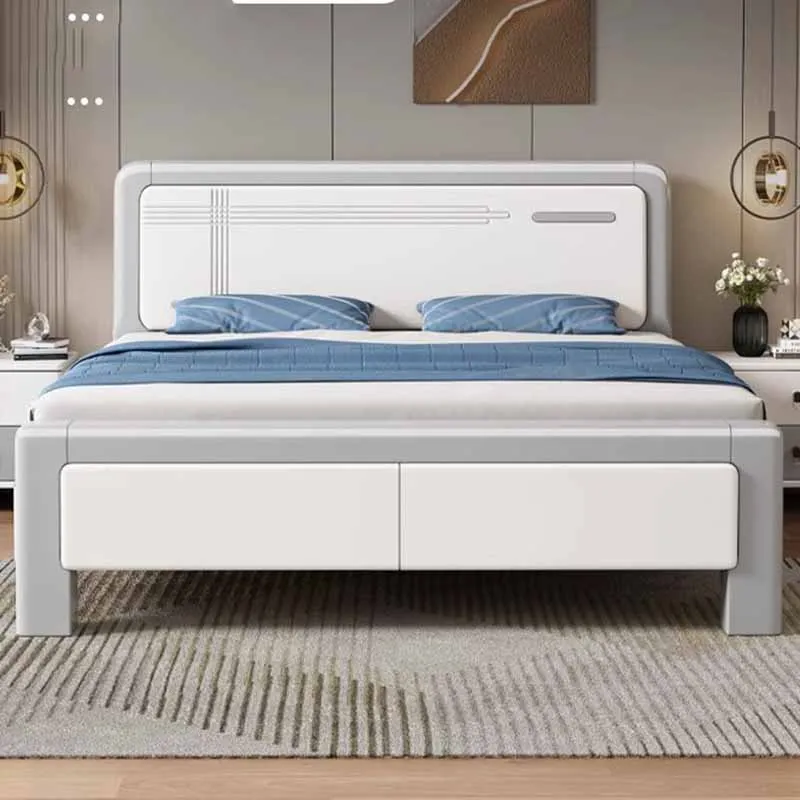 

Kawaii Waterproof Queen Double Bed Bedroom Wood White Modern Headboard Beds Twin Luxury Storage Camas De Dormitorio Furniture