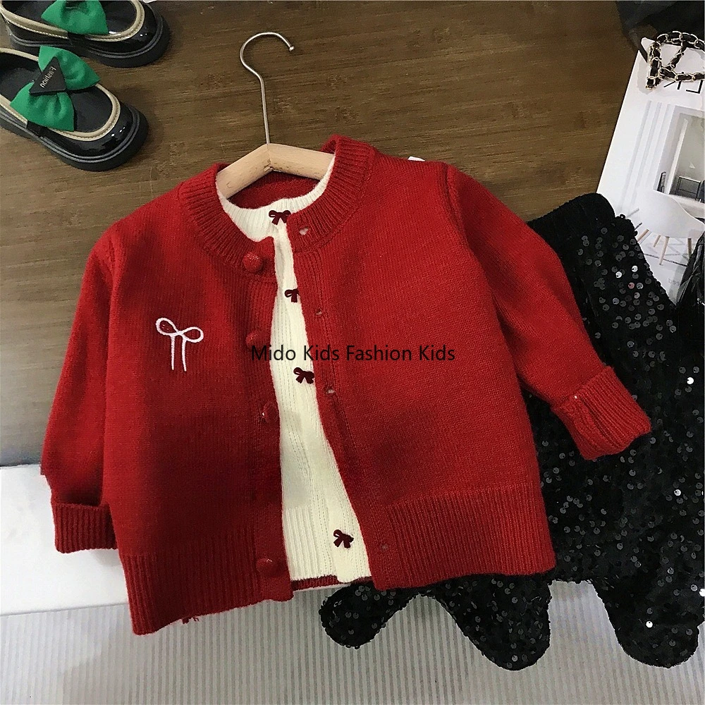 Girls' Spring/Autumn Two-Piece Set Faux  Bow-Tie Knit Cardigan with Fleece-Lined Patchwork Leggings Korean-Style Knitwear
