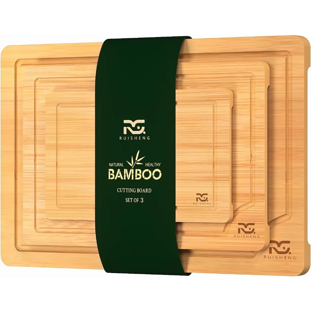 

Bamboo Cutting Boards for Kitchen: Wooden Cutting Board with Juice Grooves Thick Chopping Board Set with Easy Grip Handle Large