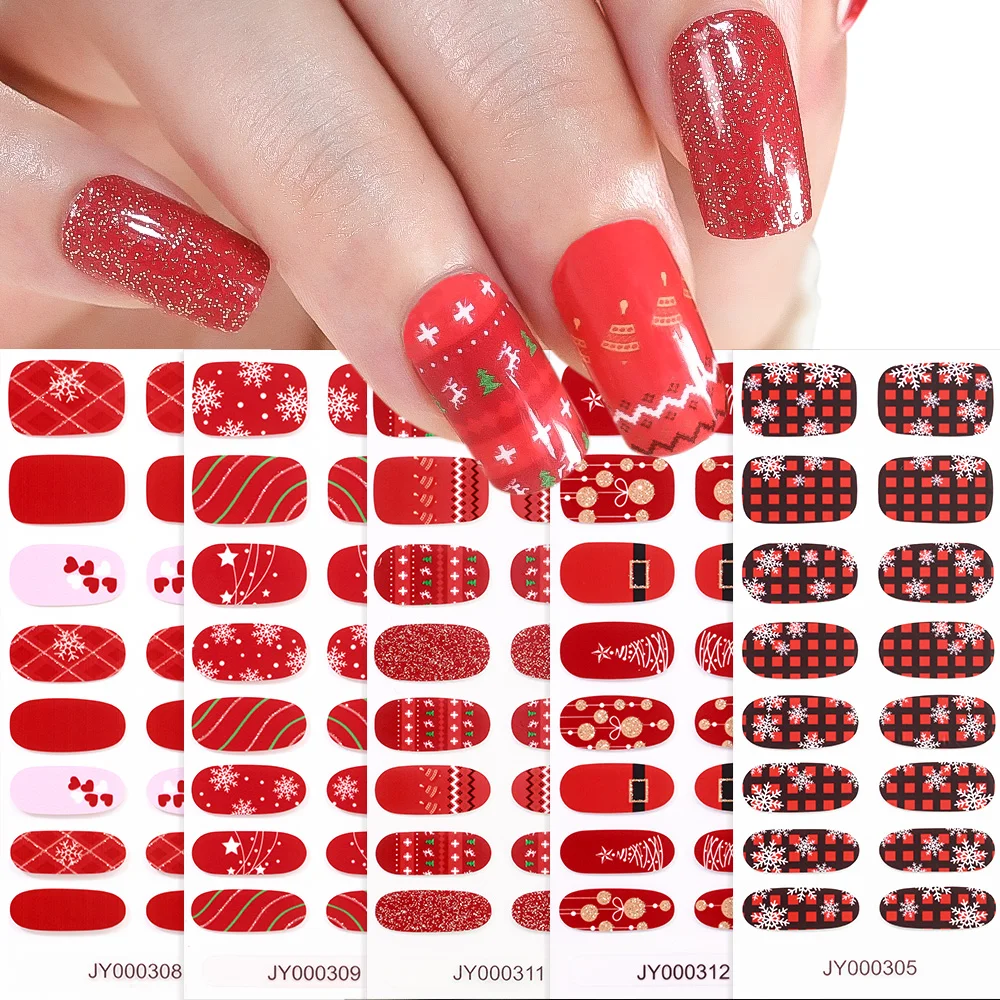 16Tips Christmas Valentine's Nail Art Stickers Waterproof Glitter Red Full Cover Adhesive Nail Polish Decal New Year Nail Decora