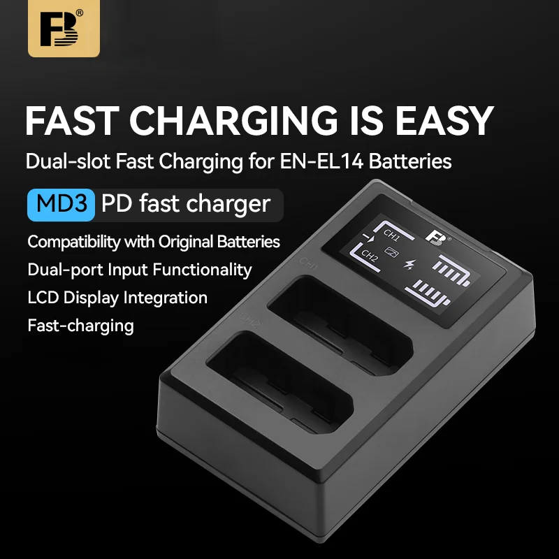 FB Fast Charger for Nikon EN-EL14 Batteries and D3100 D3200 D3400 D3500 Camera Battery  Dual Slot Fast Charge with LCD Screen