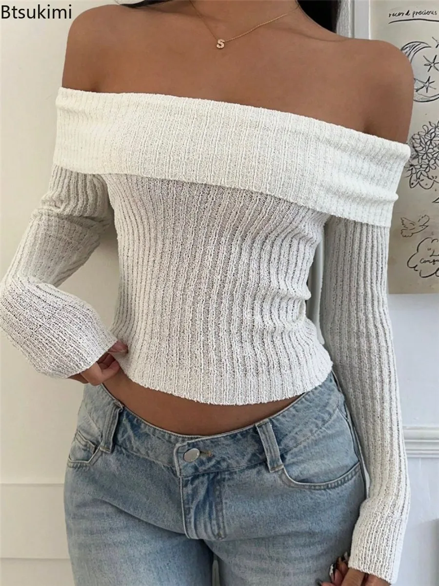 Autumn New Women's Open Back Bow Top Sexy Bodycon Knitted Sweater with Off Shoulder Design Slimming Figure Hugging Party Blouse