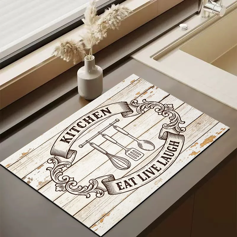 VIKAMA Wood Grain Utensil Kitchen Mat Non Slip Quick Dry Oilproof Absorbent Kitchen Counter Drying Decor Rug