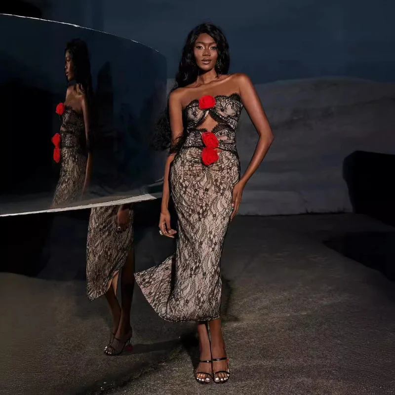 

New Women's Clothing2025New Embroidered Lace Patchwork Backless Bodycon Bandage Dress