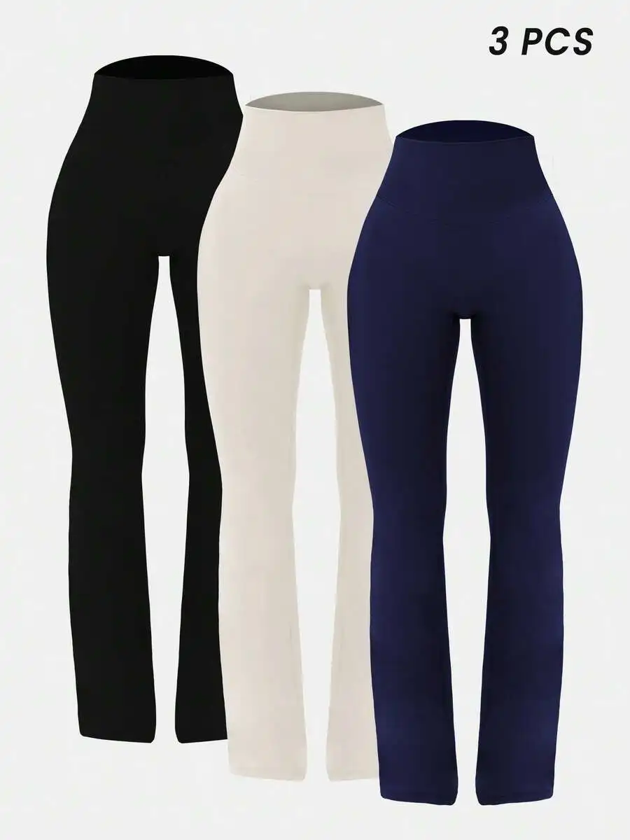 

Women 3pcs Solid Color High Waist Flare Yoga Pants Set Breathable Fitness Gym Tights