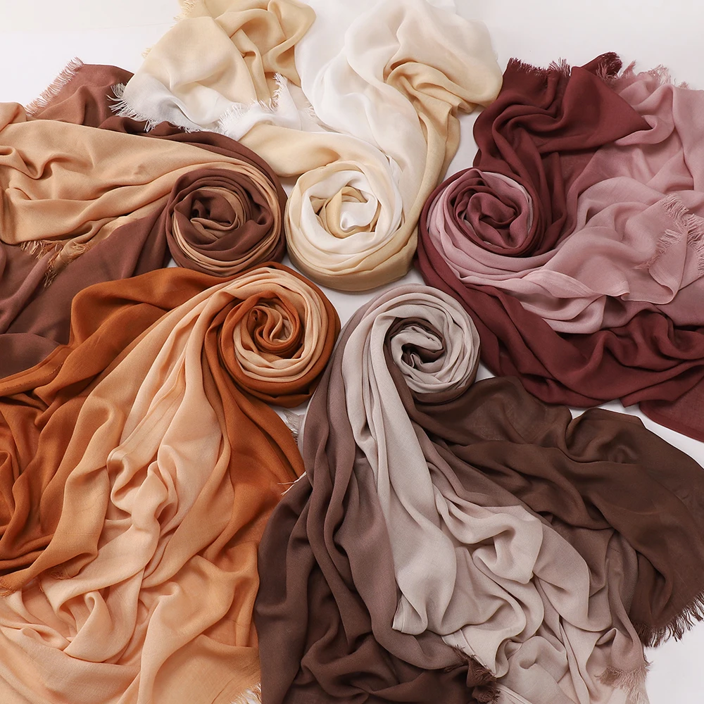 Vintage Farbverlauf Hijab mit Quasten, weicher, leichter muslimischer Kopftuch, türkischer Stil, Fransen-Schal, Wickel für Damen, islamischer Turban – Detail 10