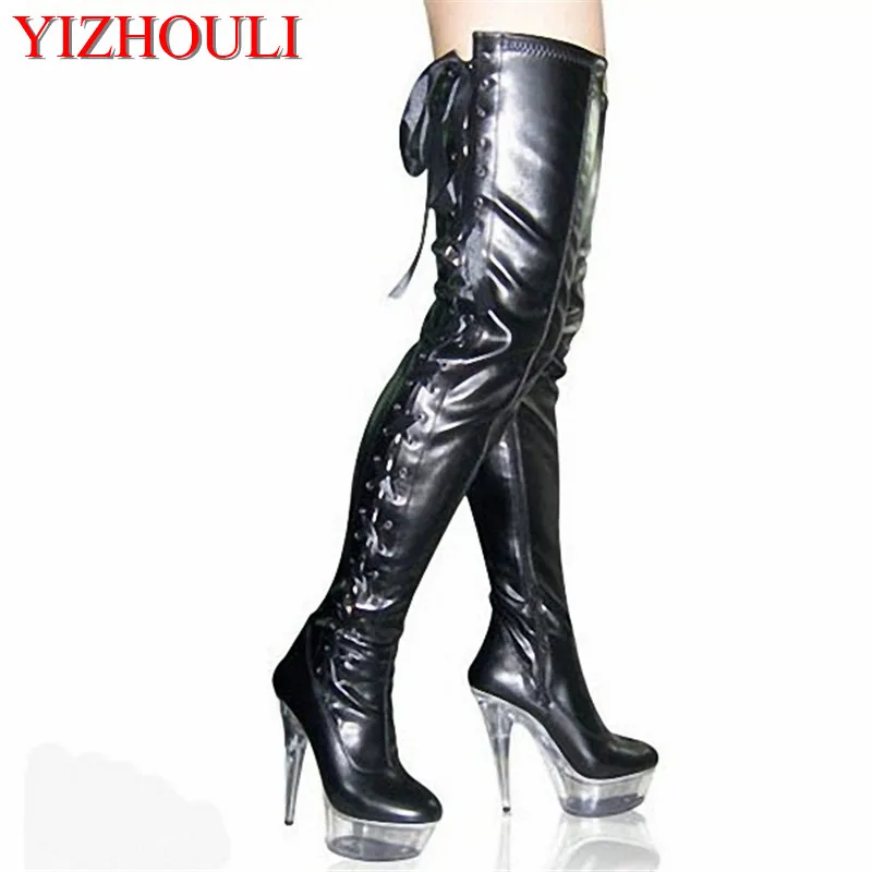 

15cm over knee pole dancing boots black thigh high boots fetish 6 inch platform high heel sexy women strappy talldance shoes