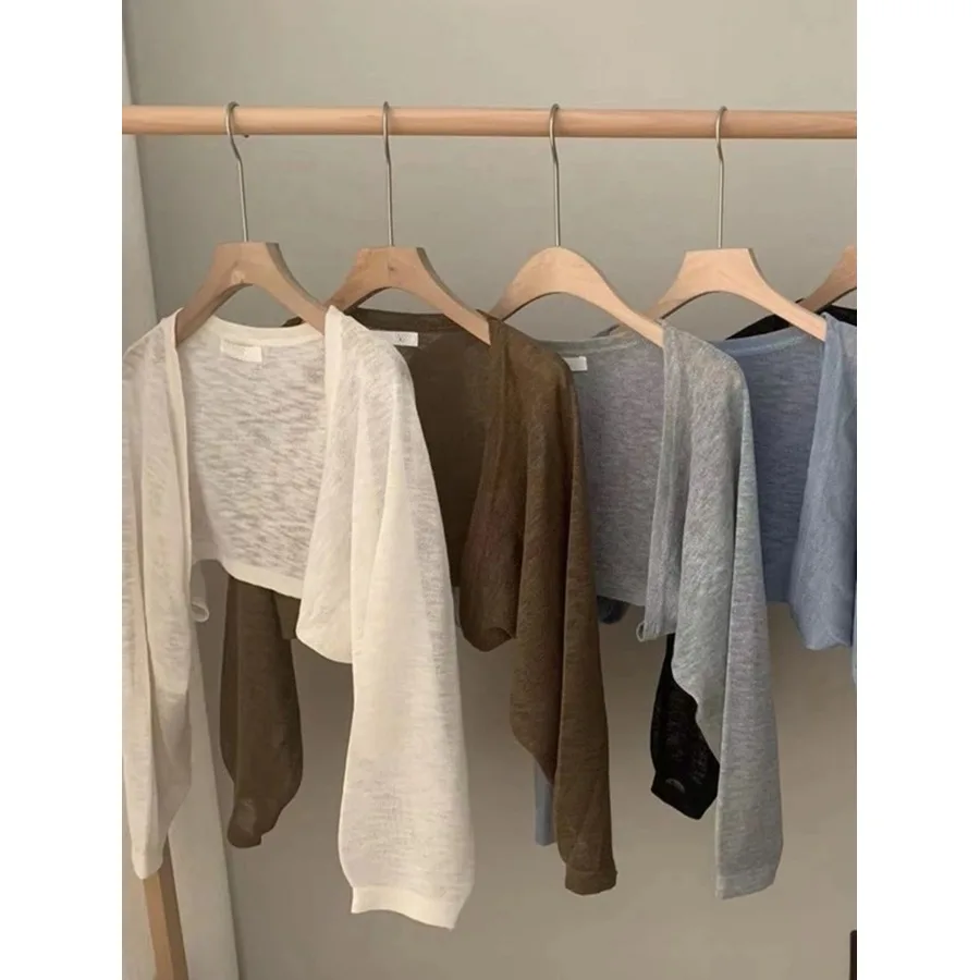 

Summer Ice Silk Knitted Shawl Short Sleeve Open Cardigan Women's Fashion Korean Style Loose Fit Long Sleeve Color