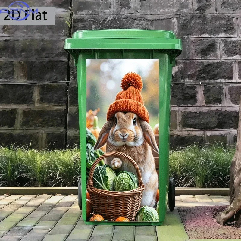 2D Flat Printing 1pc Trash Can Sticker 37×82cm Cute Rabbit Picking Fresh Vegetables Theme Design Self-Adhesive Wall Decal Wall