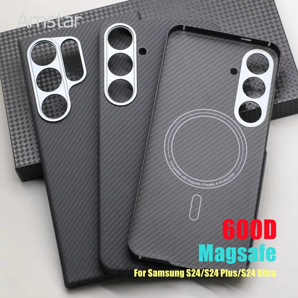 

Магнитный чехол Amstar 600D из углеродного волокна для Samsung Galaxy S24 Ultra/S24 Plus/S24, поддерживает зарядку Magsafe, чехол из арамидного волокна