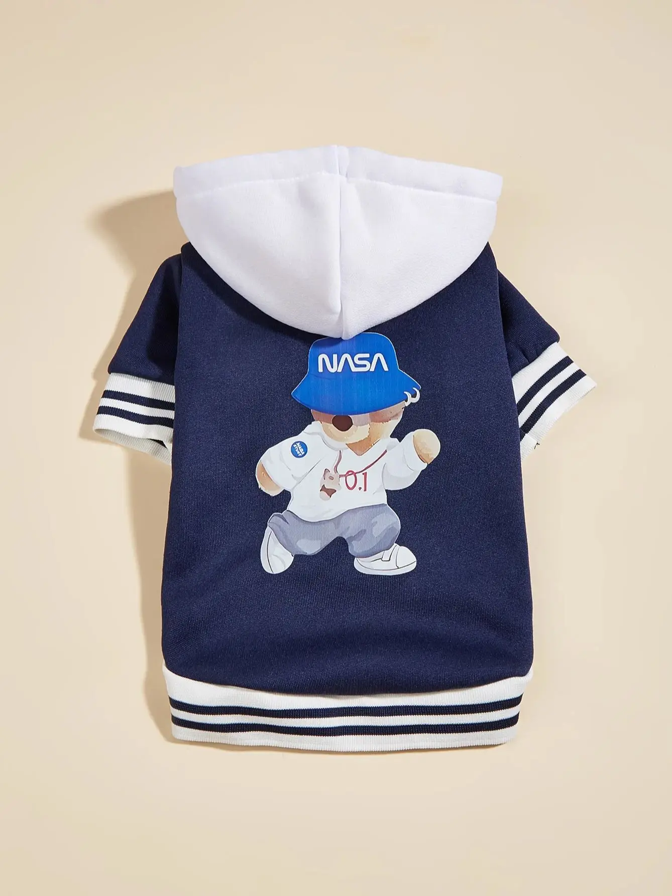 Pet clothes dog dog cat with hat jacket warm and comfortable clothes with running bear pattern white navy blue new piece