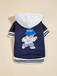 Pet clothes dog dog cat with hat jacket warm and comfortable clothes with running bear pattern white navy blue new piece