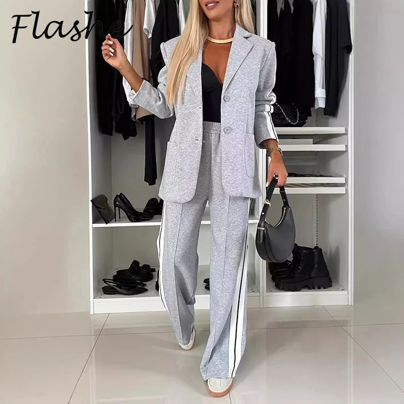 Autumn Winter Fashion OL Two Piece Set Women Casual Button Jacket Blouses Striped Printed Pants Suit Female Outfits