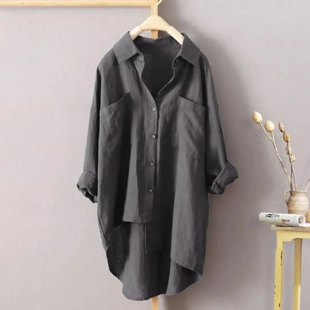 

Women Shirt Elegant Loose Fit Long Sleeve Single Breasted Double Pockets Longer Back Hemline Casual Shirt for Daily Life