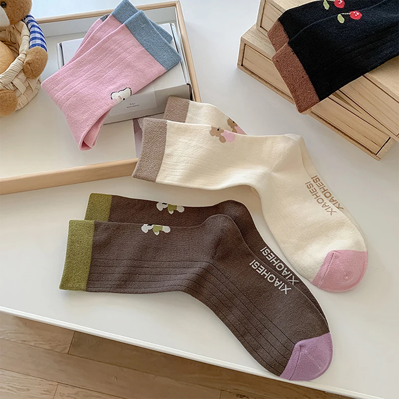 Cute Back Heel Bear Animal Print Cotton Socks Fashion Autumn Winter Warm Breathable Sweat-wicking Middle Tube Socks Girls Gifts