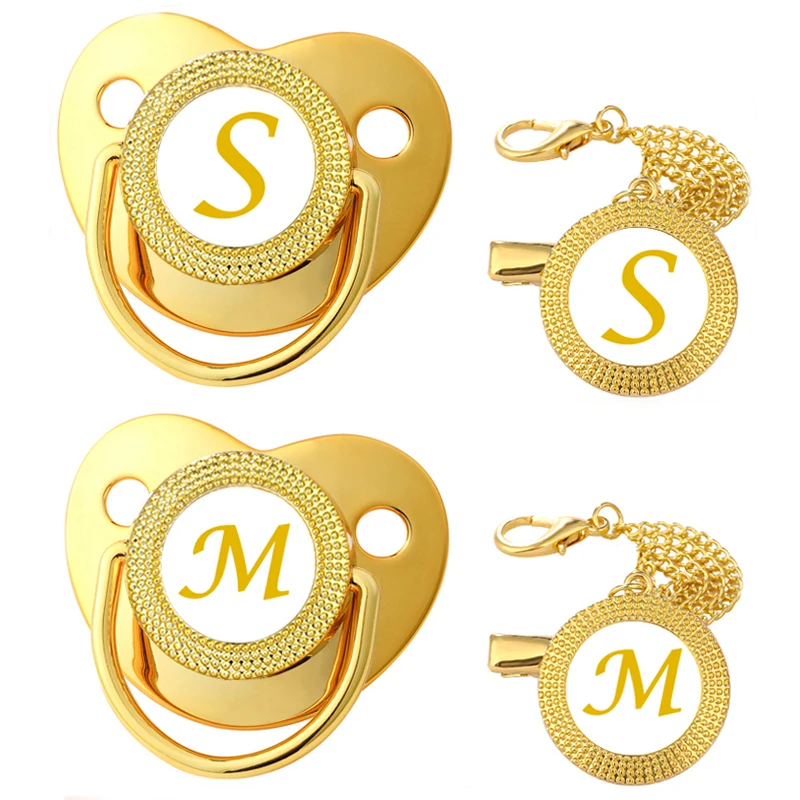 New Baby Pacifiers Clips Chain Gold Color Letter Newborn Teether Bling Luxury Silicone Pacifier Holder Infant Soother Items 2Pcs