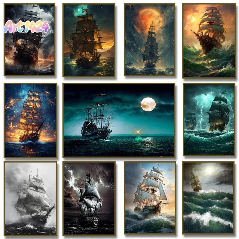 Pirate Ship Sailboat Sailing Ocean Moon Canvas Painting Poster Wall Picture Print for Living Room Home Decor