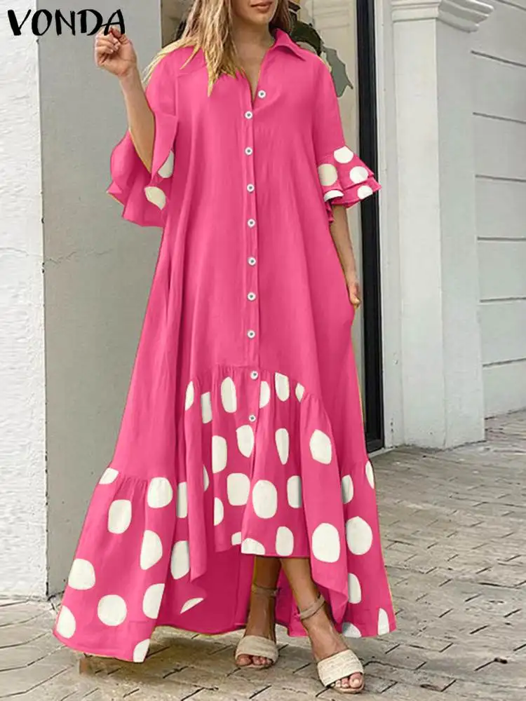 Plus Size 5XL VONDA Women Maxi Long Dress 2024 Polka Dot Patchwork Sundress Bohemian Printed Ruffle Dress Casual Loose Vestido