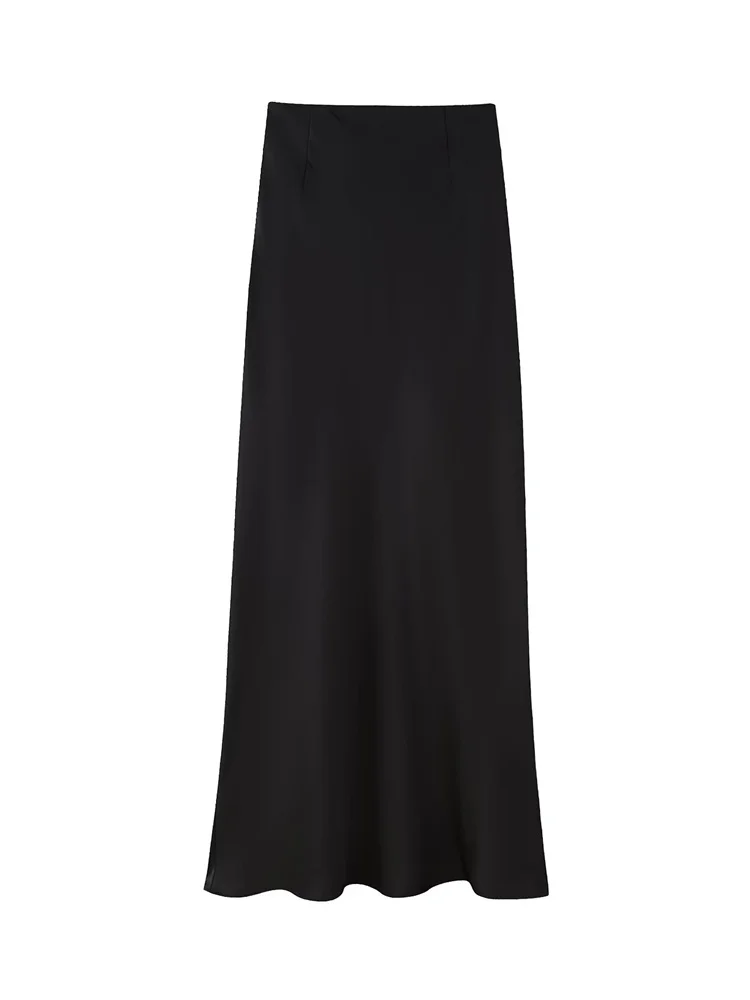 Zevity New Women Fashion Black Color Soft Satin A Line Long Skirt Faldas Mujer Female Chic Zipper Fly Casual Vestidos QUN2944