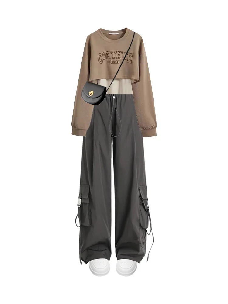 패셔너블한 출퇴근룩 여성용 라운드넥 긴팔 스웨트셔츠 하이웨이스트 슬림핏 바지 투피스 세트