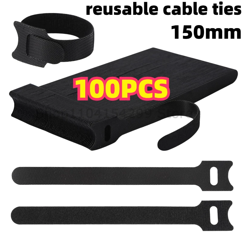 100pcs Releasable Cable Ties Black Nylon Loop Hoop Straps Wrap Zip Bundle Bandage Tie Plastics Fastening Desktop Cables Manager