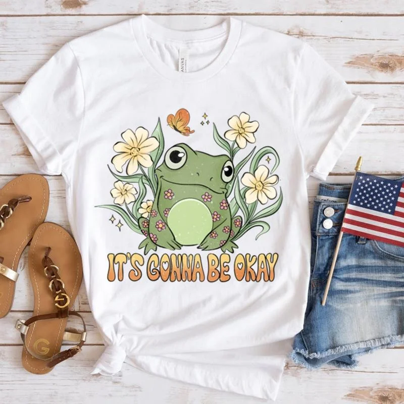 New Frog Print T-Shirt Women Casual T Shirt Summer Fashion Short Sleeve Round Neck Tops