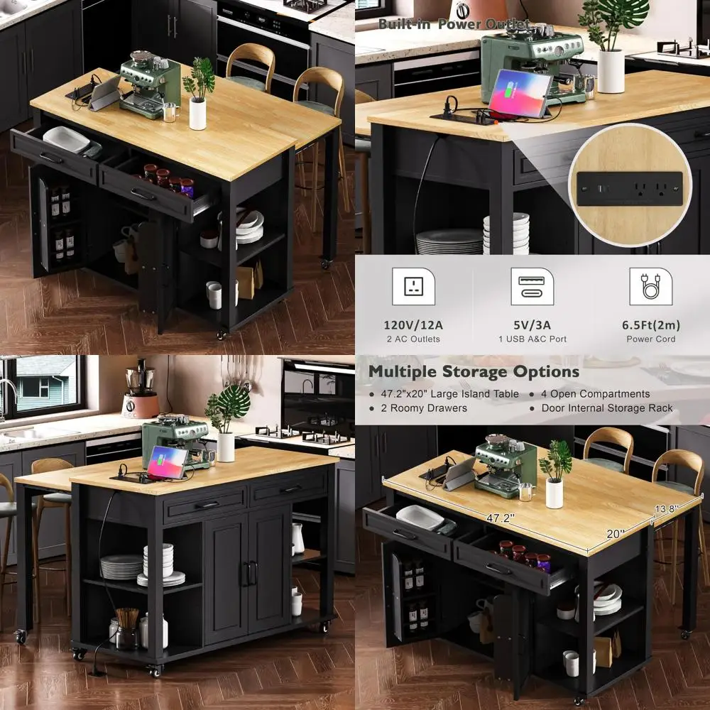 Isla de cocina móvil con mesa de comedor retráctil y toma de corriente, carrito de madera con almacenamiento sobre ruedas