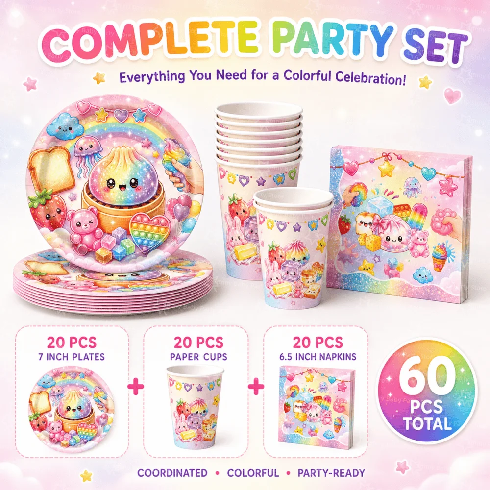 60 Stück Squishy Geburtstagsdekorations-Geschirr Rosa Spielzeug Einweg-Pappbecher Teller Servietten Party-Geschenke Babyparty-Spielzeug – Detail 2