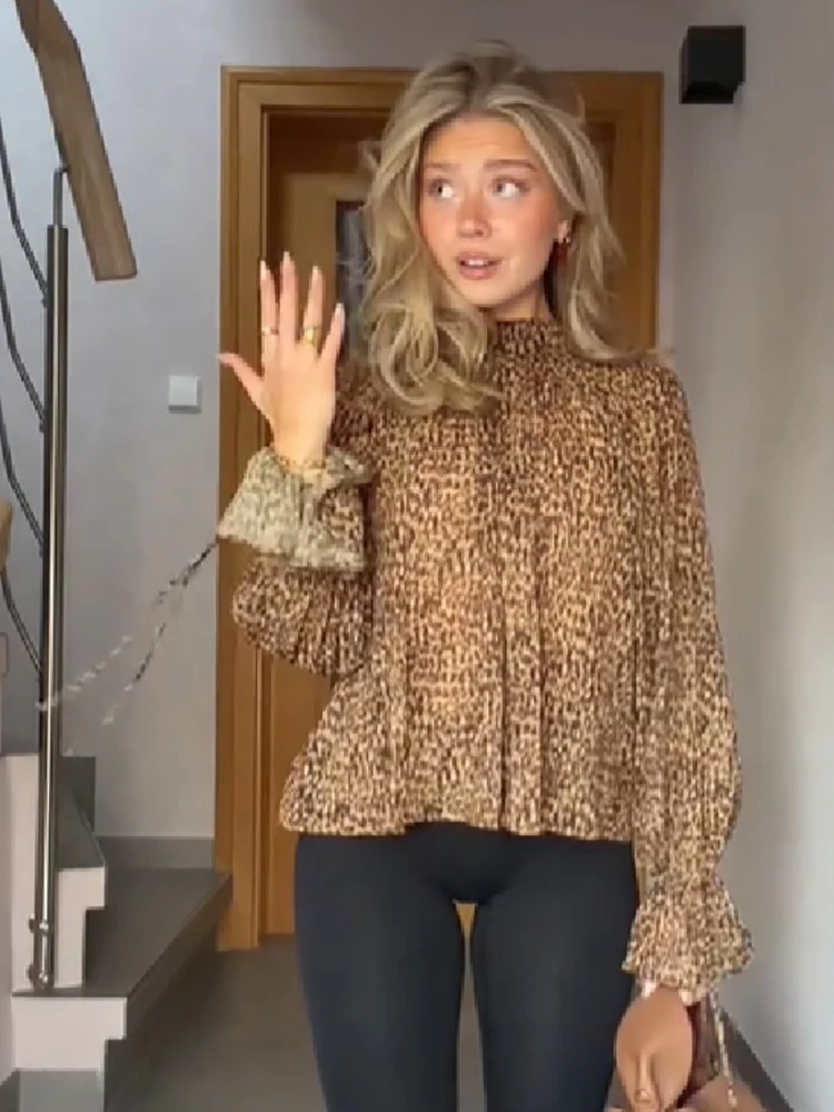Y2K Leopard Print Blouse Two Ways Wear High Neck Ruffle Flare Sleeve Tie Back Chiffon Top Casual Street Club Party Ladies Shirt
