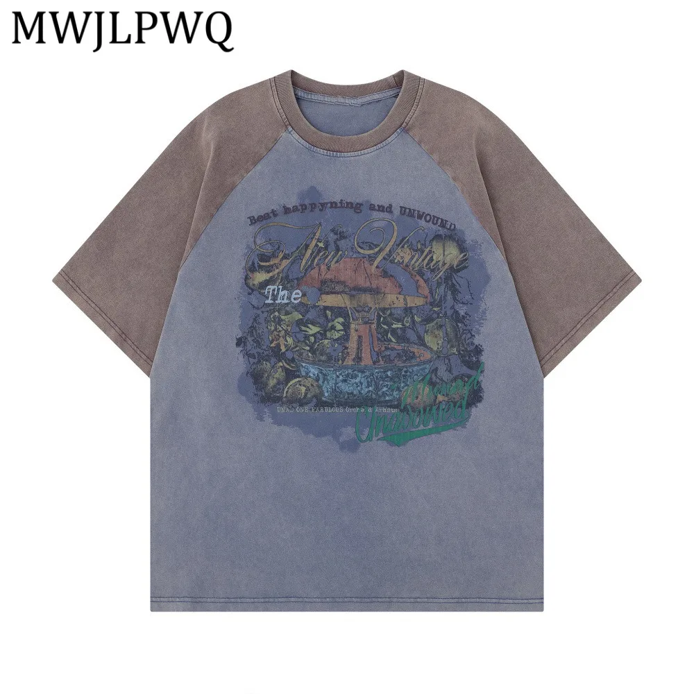 

Мужская винтажная футболка MWJLPWQ с эффектом потертости, сине-коричневая с цветными блоками и принтом, летняя уличная повседневная футболка унисекс 14723