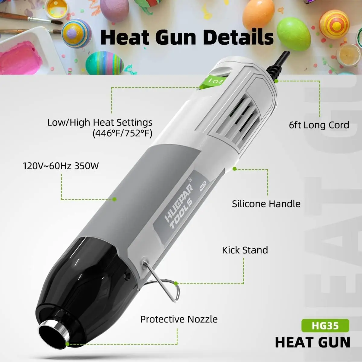 Huepar-Hot Air Gun com suporte de assento Shrink Plastic, DIY Craft Tool, pistola de calor, ferramenta elétrica, 350W, temperatura