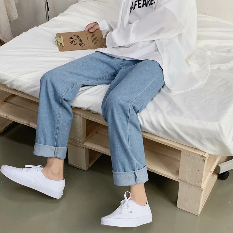 

Slim Straight Jeans Men's Casual Summer Thin Nine Points Loose Teenagers Students Wide Leg Long Pants Korean Version