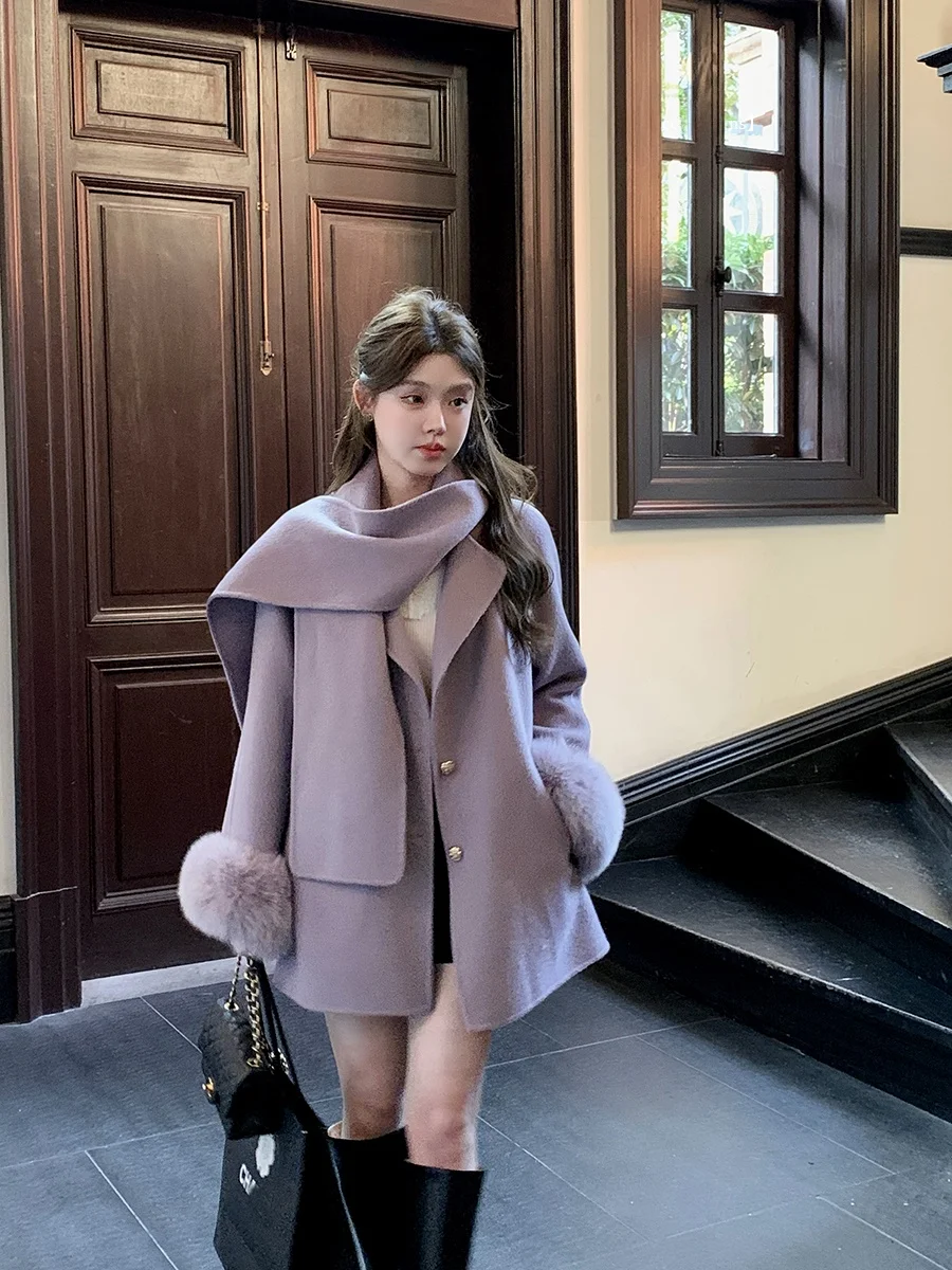 Double-Sided Woolen Scarf Fur Cuff 00% Wool Coat Korean Aosphere Winter Women's Faion Long Sve Color