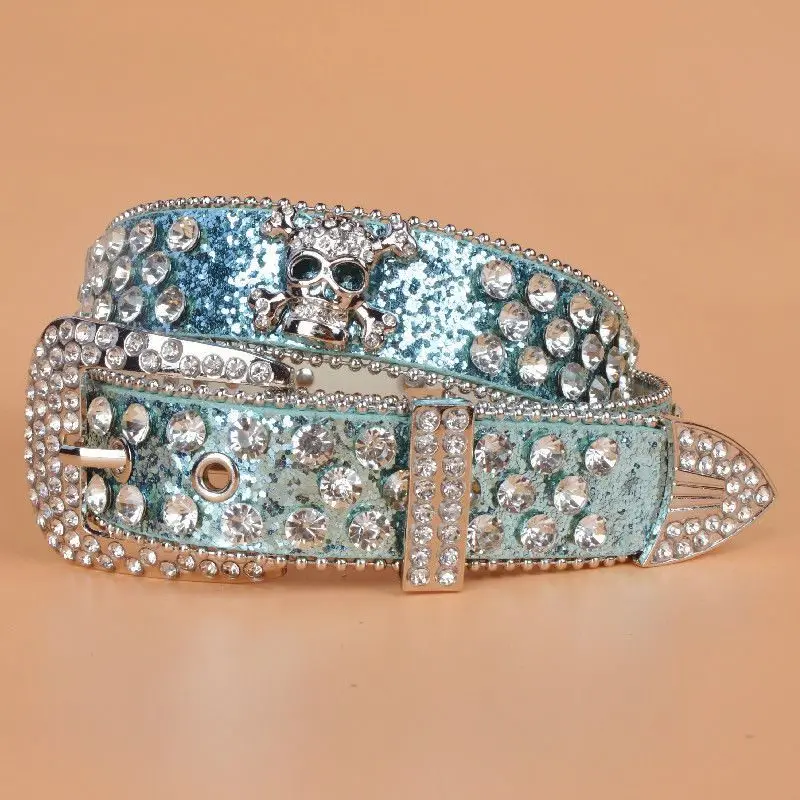 Women's Skull Buckle Belt with Rhinestone Inlay Extended Length Sparkling Dance Belt for Square Dancing Fashion Accessory