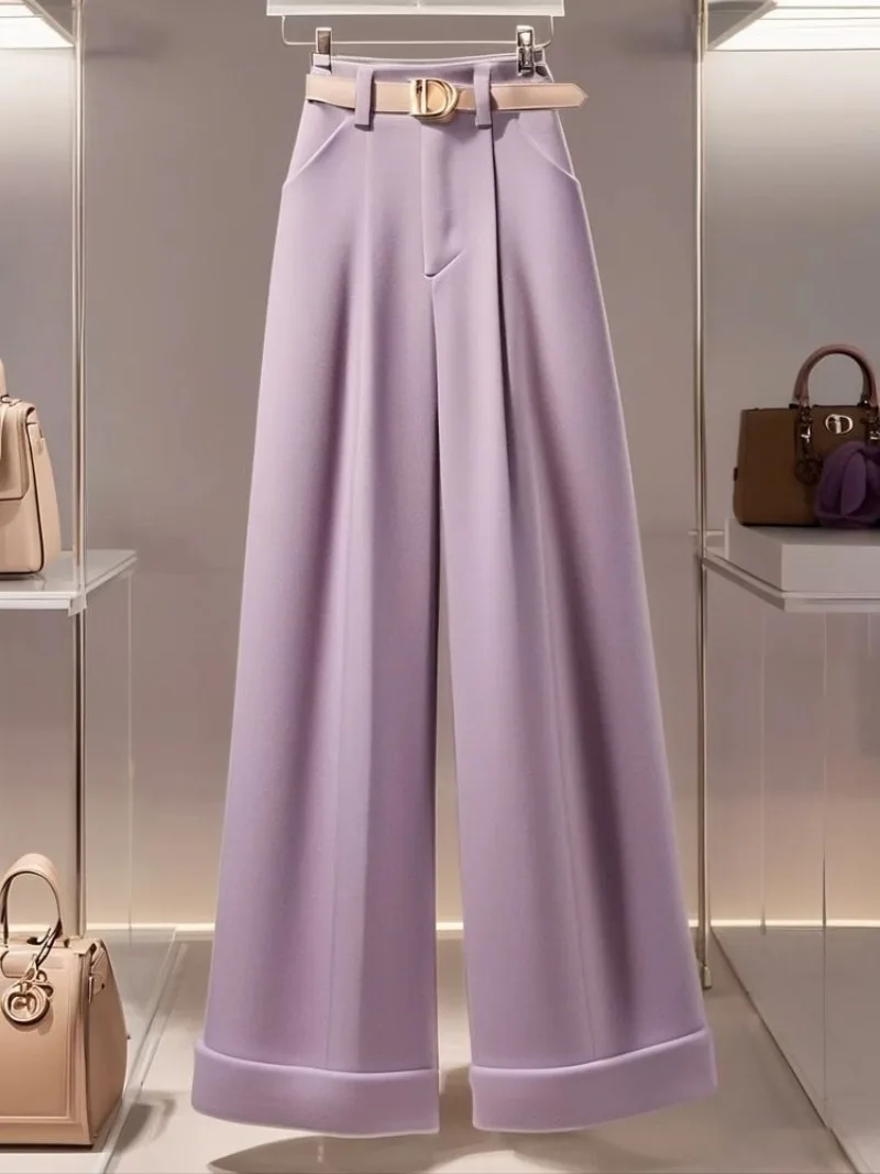 

Новые осенние фиолетовые широкие брюки женские элитные элегантные тонкие талии с высокой талией корейские модные прямые брюки с поясом