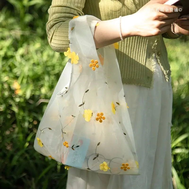 See-Through Tote Bag Ins Style Commuting Summer Outings Flowers Embroidery Mesh Shoulder Bag for Ladies