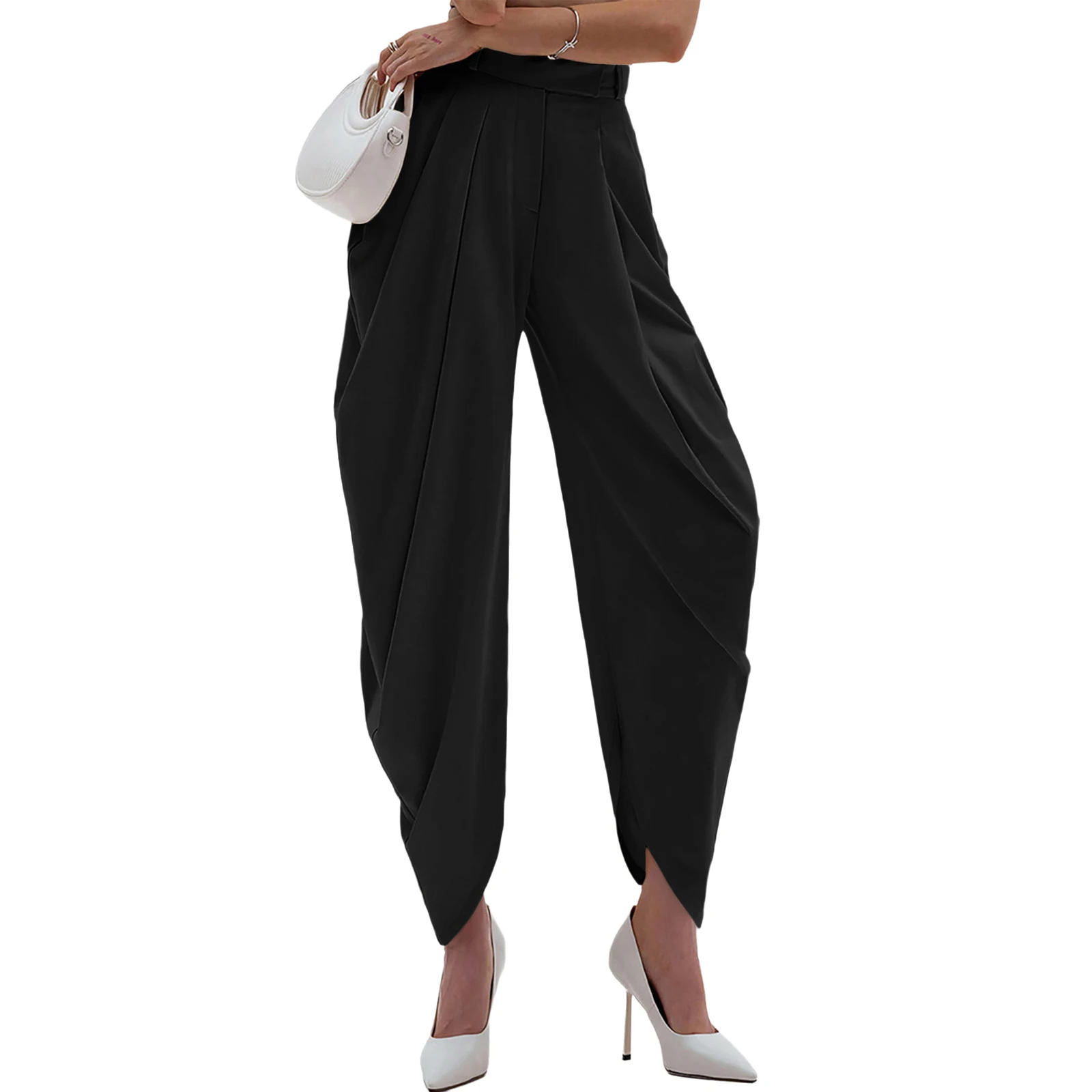 여성용 우아한 블루머 바지 앞주름 디테일 루즈핏 솔리드 컬러 배럴 팬츠 롱 팬츠 오피스 휴가용