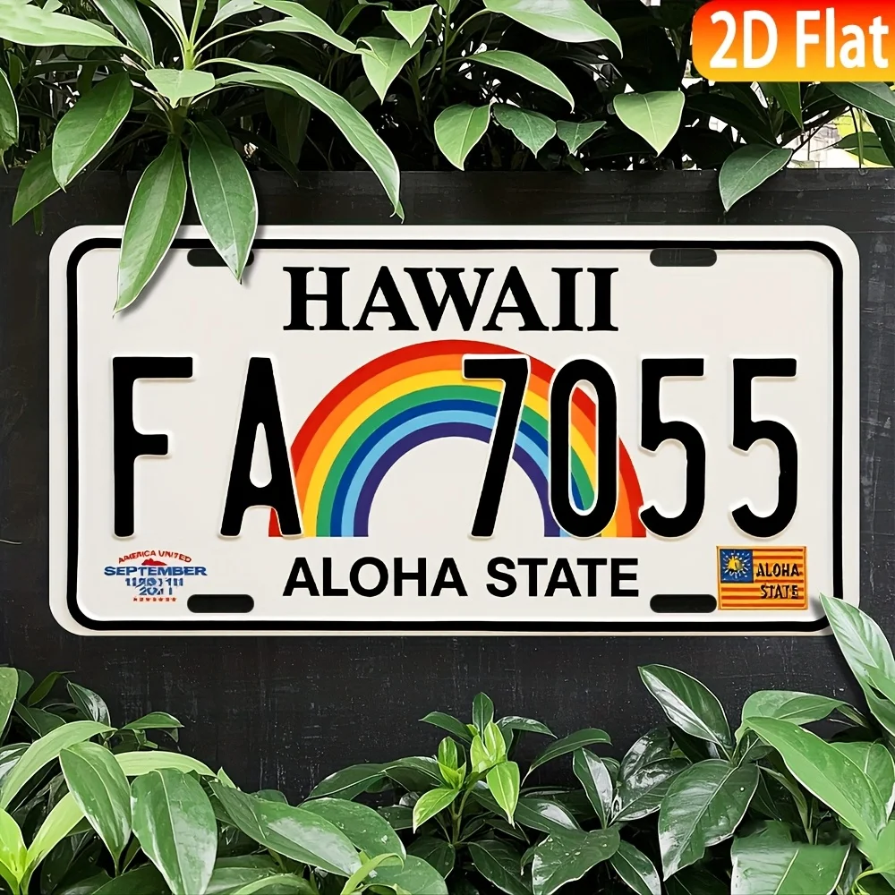 Hawaii License Plate Sign -  Aluminum Wall Decor, , Aloha State Car Plaque with Rainbow & Tropical Design, Perfect for Home, Bar