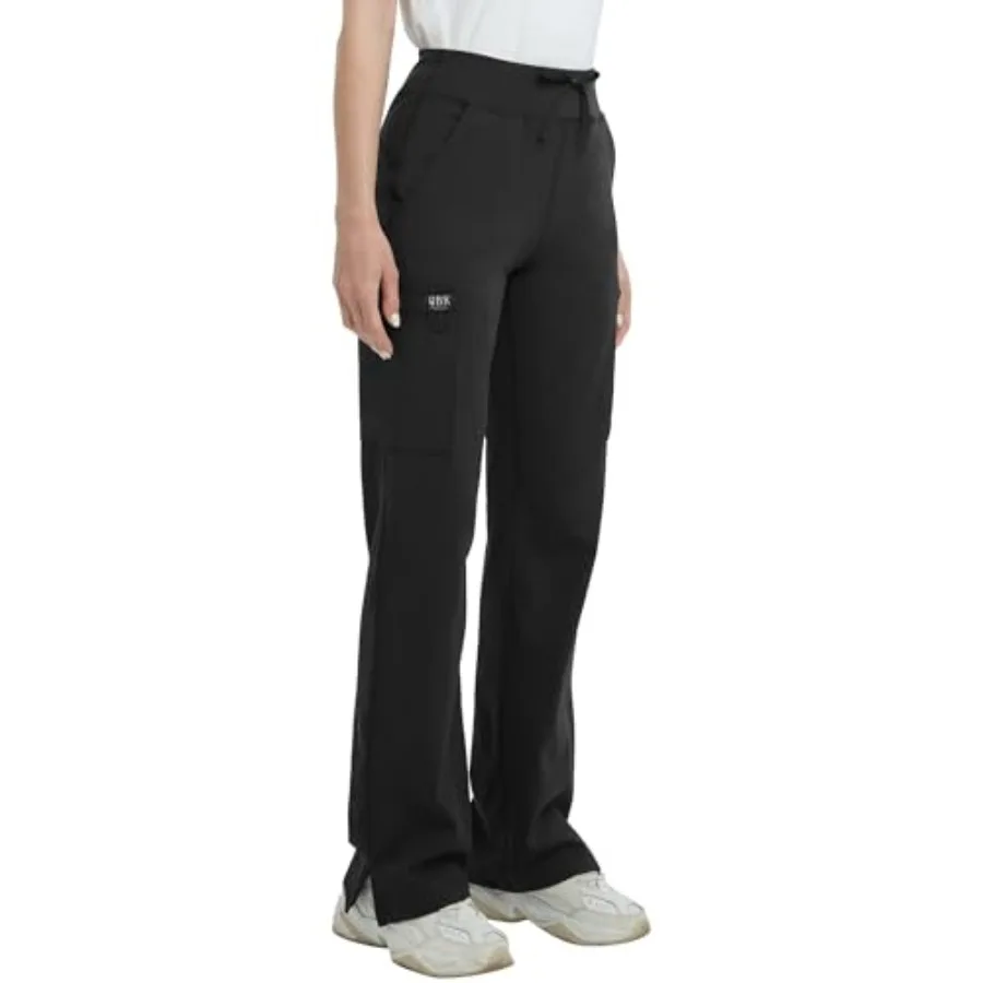 QBK High Rise Yoga Scrub Pants Women - Straight Wide Leg Uniform Pants with Cargo Pocket, Anti-Wrinkle and Knit Yoga Waistband